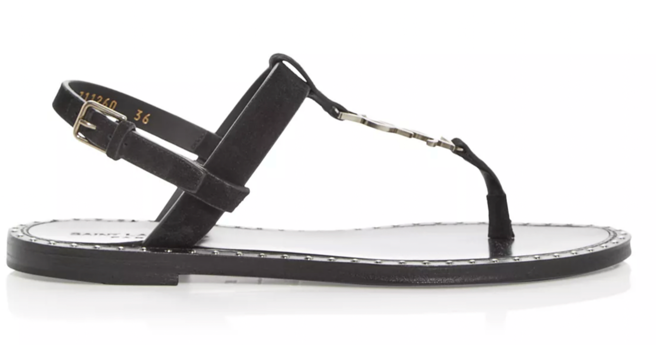 Sandalo piatto perizoma borchie logo Saint Laurent YSL Iota 05 camoscio nero 36