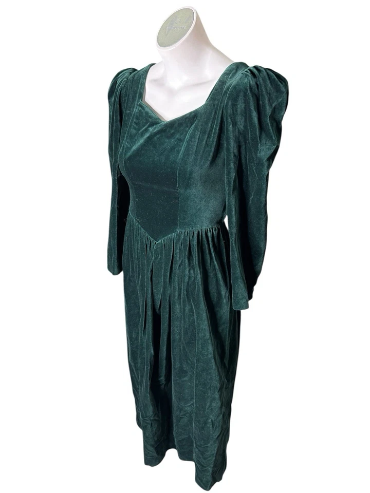 VTG 90s Laura Ashley Velvet Dress Women 10 Midi Bow Puff Sleeve Boho Green - Image 4 of 4