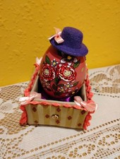 HAND PAINTED Decorated Goose Egg Wearing A Purple Hat In A Mini Fabric Basket