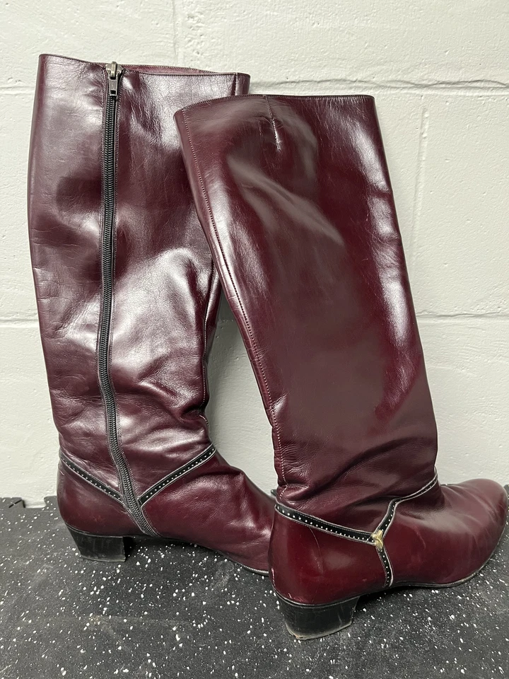 Salvatore Ferragamo Boots Women 9AAA Red Brown Leather Zip Heel Italy Riding - Image 3 of 4