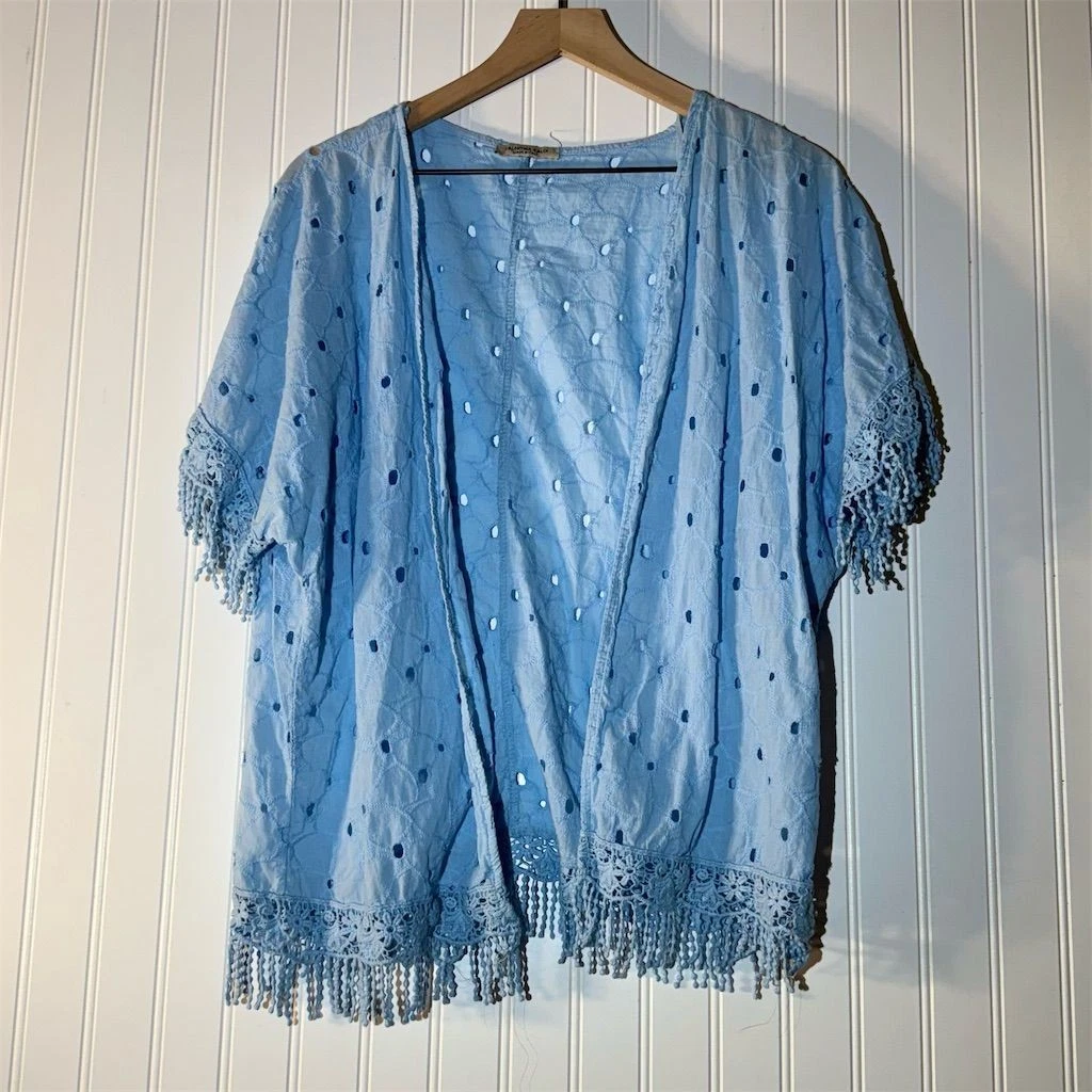 VALENTINO Cardigan kimono boho Valentina Naldi Made in Italy OS blu pizzo uncinetto spiaggia