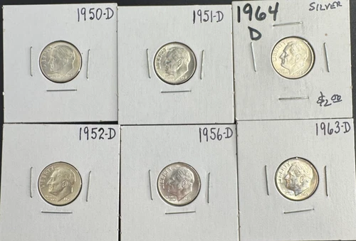 Lot of 6 Roosevelt Silver Dimes – 90% Silver - Pre-1965 Silver Denver Mint BU
