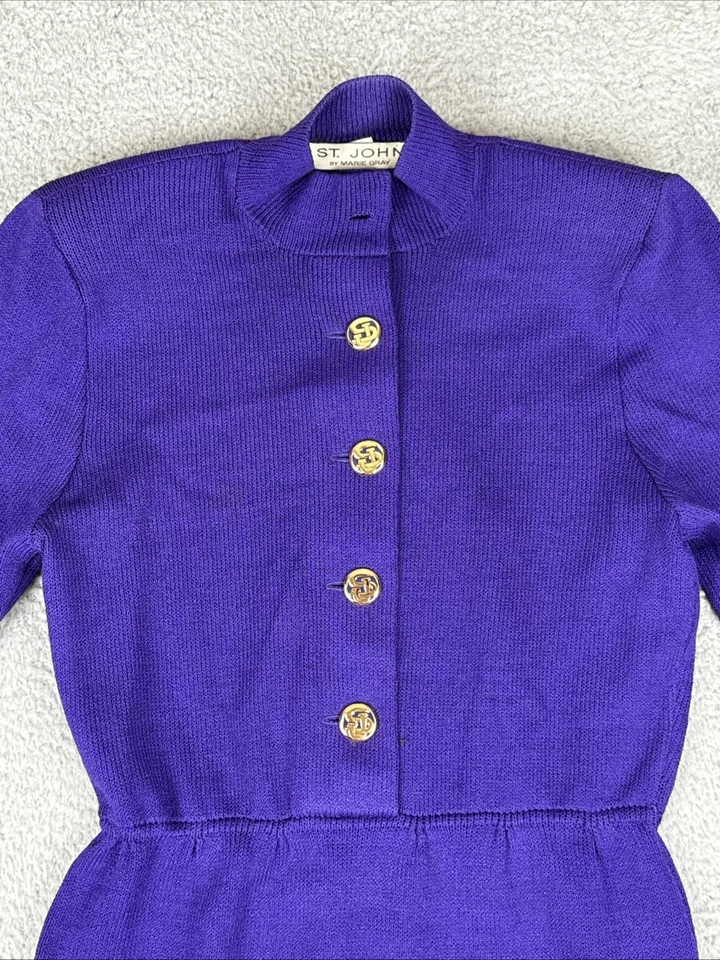 VTG St. John Marie Clay Sweater Dress Knit Mock Neck Gold Buttons 80s Size 4 USA - Image 2 of 4