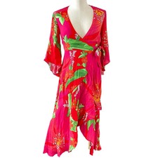Farm Rio Tropical Floral V-Neck Bell Sleeves Wrap Dress Pink Pietra XS A001344