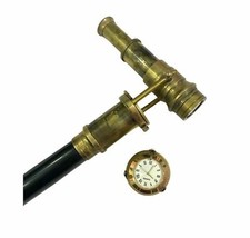 Nautical Brass Hidden Telescope Wooden Walking Stick with Clock on Top Cane New