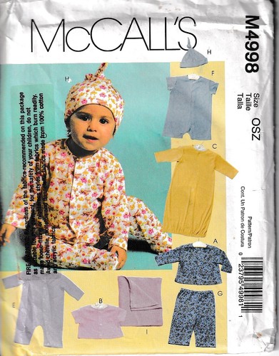 McCalls 4998 Baby Tops Pants Hats Jumpsuits Sewing Pattern sizes S M L XL