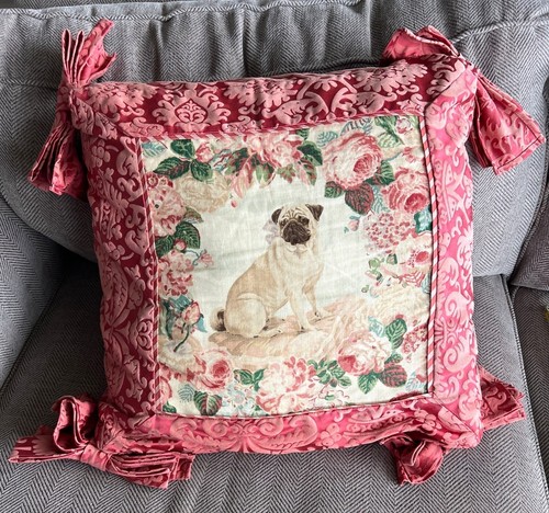 Pug Throw Pillow Floral Design Red Damask Backing 19 X 21 Bows Roses Pink Cream