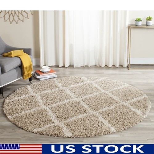 Geometric Plush Shag Area Rug Machine Made Indoor Carpet Soft High Pile Beige