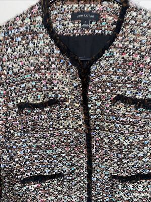 Ann Taylor Tweed Multicolor Sequin Shimmer Open Front Fringe