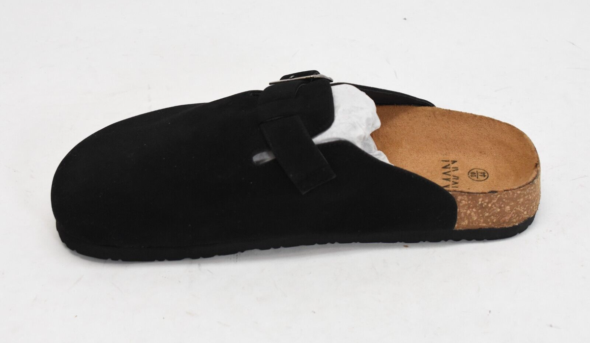 Man Soft Footbed Black Faux Leather Clogs Slip On Buckle Strap