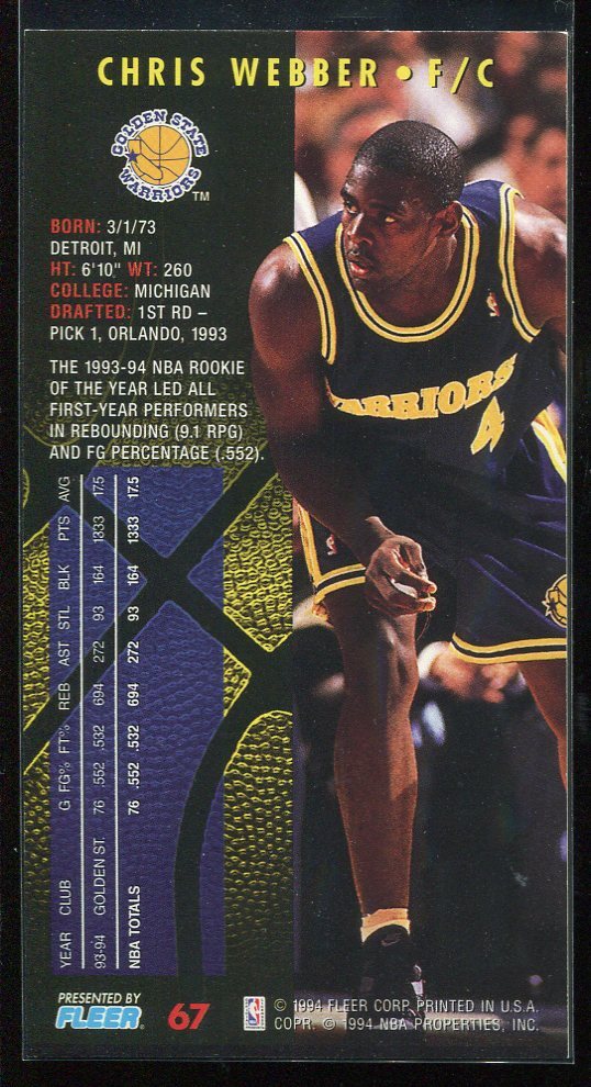 1994 Fleer Tall Boy Chris Webber #67 Golden State Warriors NBA Jam