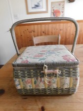 Vintage woven and fabric sewing basket mid 20th century