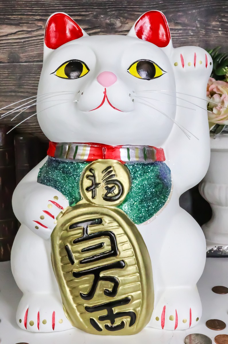 Japanese Lucky Charm White Beckoning Cat Maneki Neko Money
