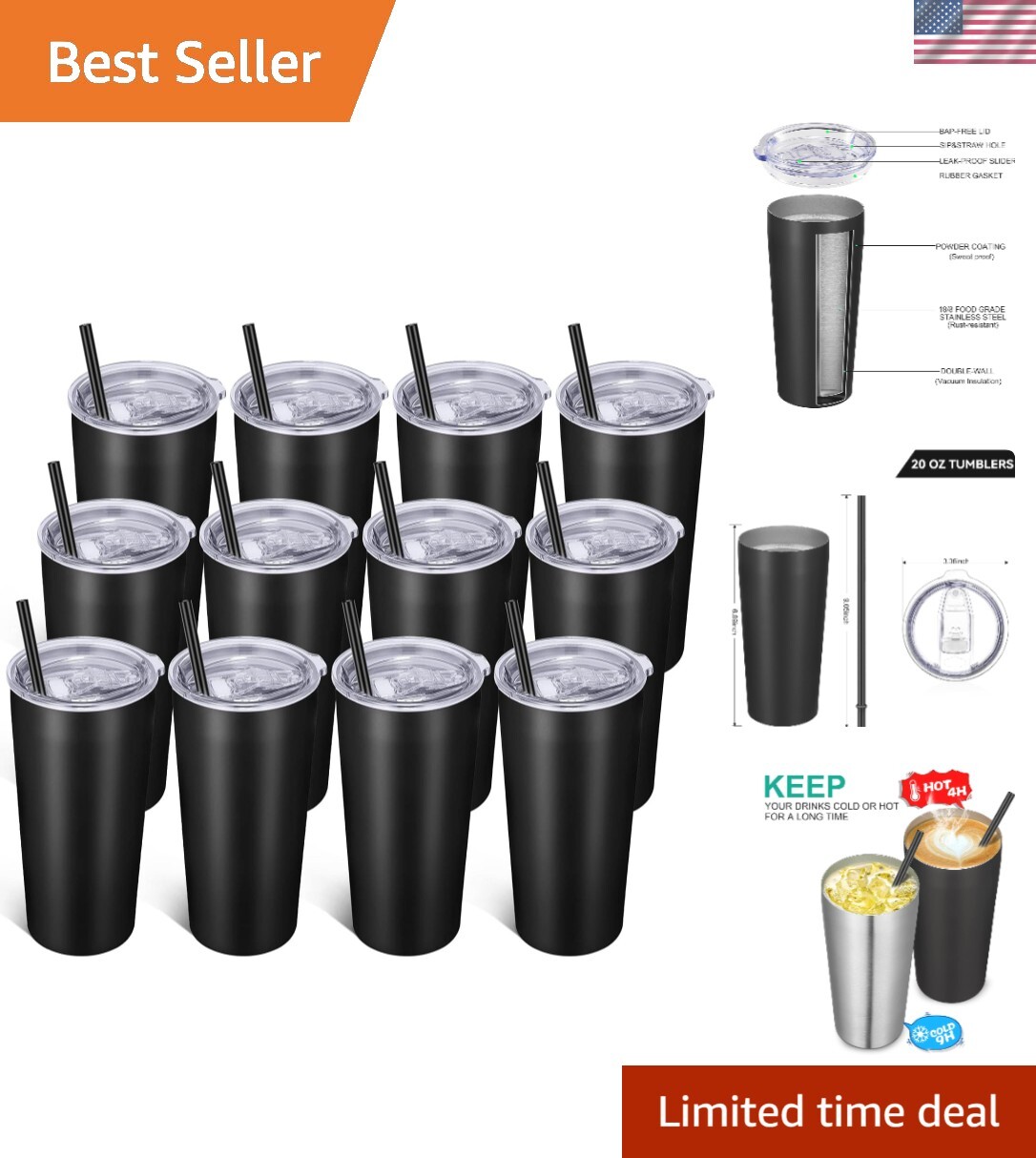 20oz Tumbler Bulk with Lid and Straw 12 Pack, Stainless Steel Vacuum Insulate...