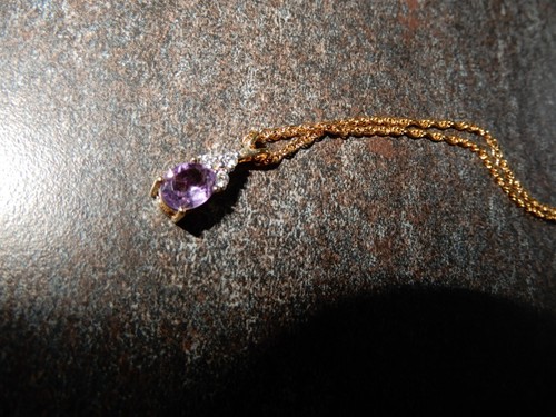 Gold Tone Lab Created Amethyst & CZ's Rectangle Necklace 18" - Picture 9 of 10