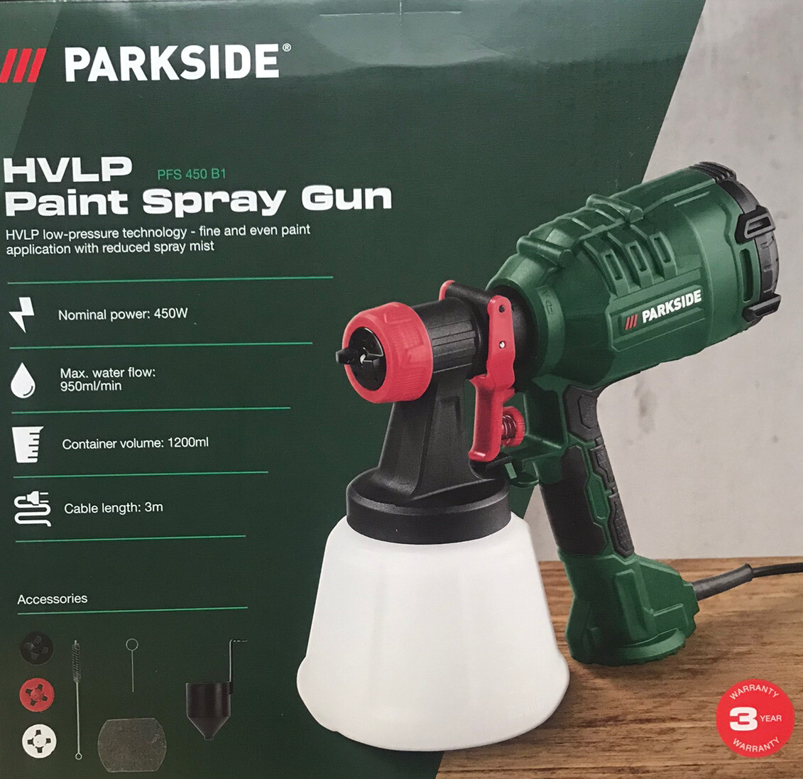 Parkside HVLP Paint Spray Gun 450W Paint Sprayer 950ml Handheld