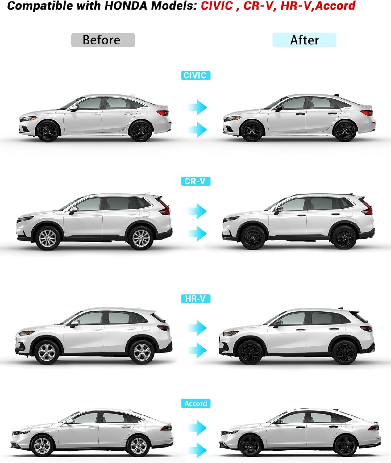 4x For 2022-2025 Honda 11th Gen Civic Door Handle Covers W/ Front Smartkey Black