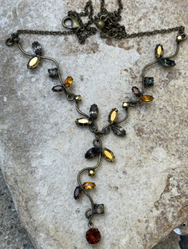Vintage Necklace Y Drop Glass Rhinestone Vine Lea… - image 1