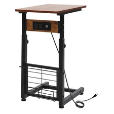 Adjustable Height C-Shaped End Table Sofa Side Table with Charging Station & USB