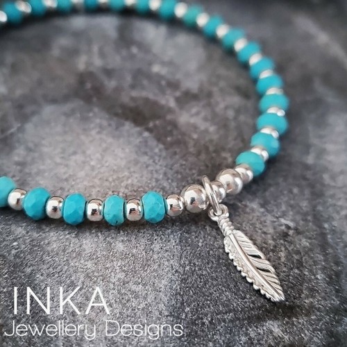 Inka Sterling Silver bead Stacking Bracelet with Turquoise with a Feather Charm - Picture 2 of 9