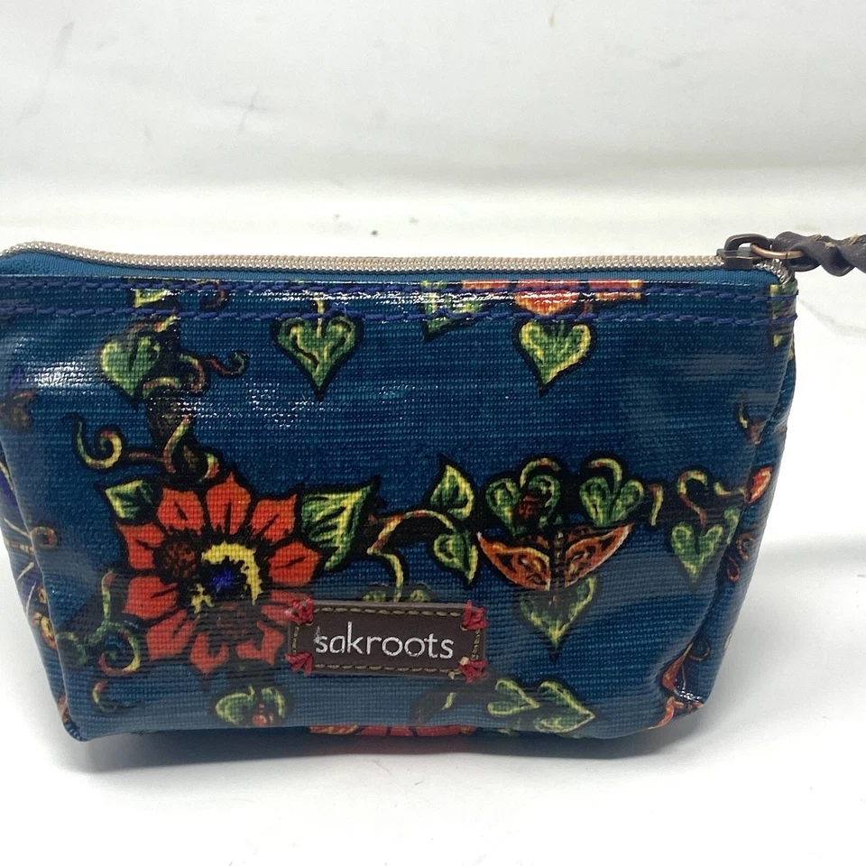 Bolsa de cosméticos de maquillaje de lona recubierta Sakroots True Love Peace azul floral con cremallera superior Foto 3 de 4