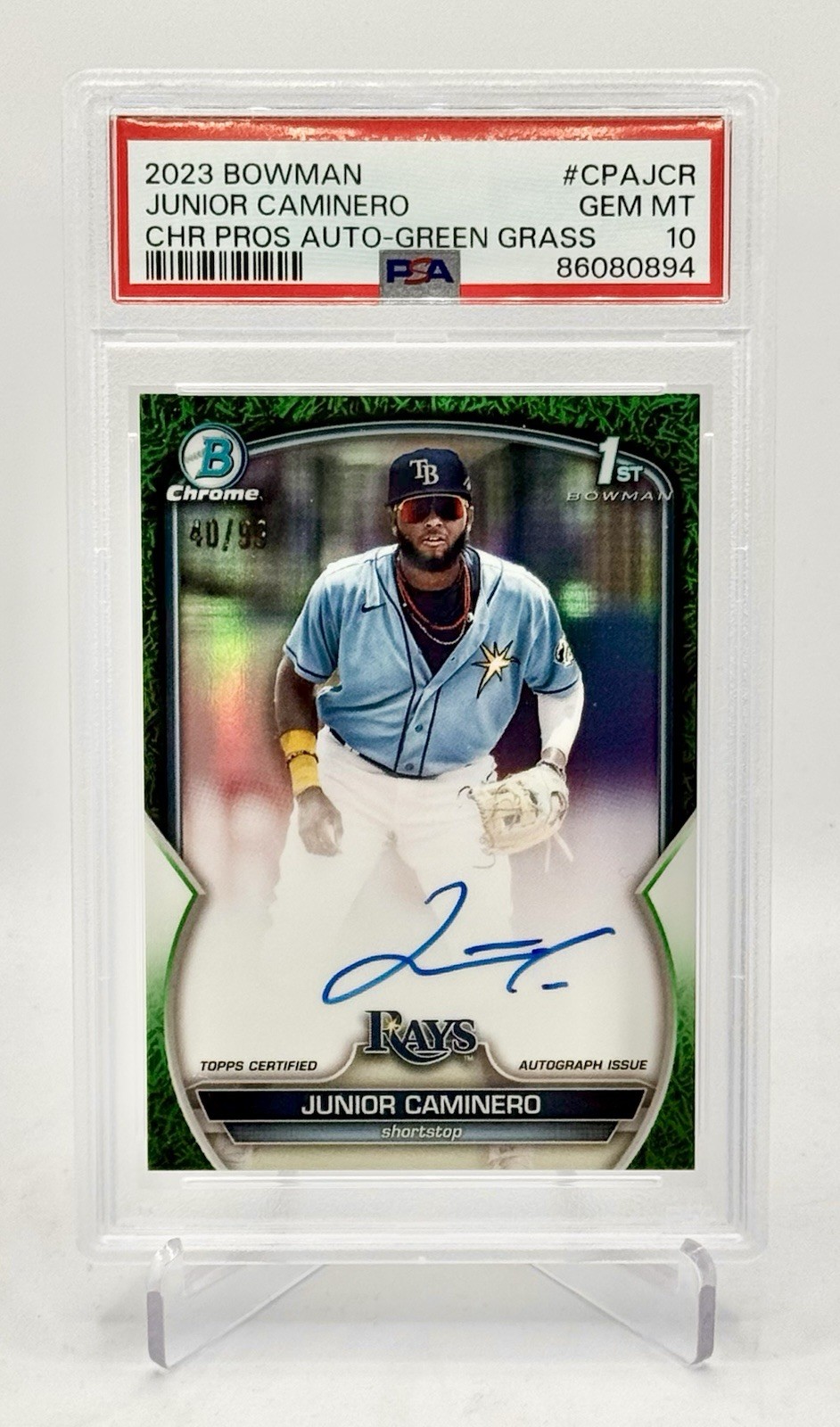 PSA 10 Junior Caminero 2023 Bowman Chrome 1st Auto RC Green Grass Refractor /99