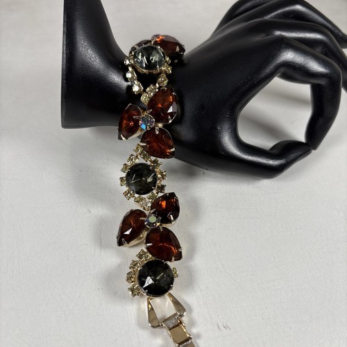 Vintage Rhinestones Bracelet Smoky And Brown Topaz Gold Tone 7.5”