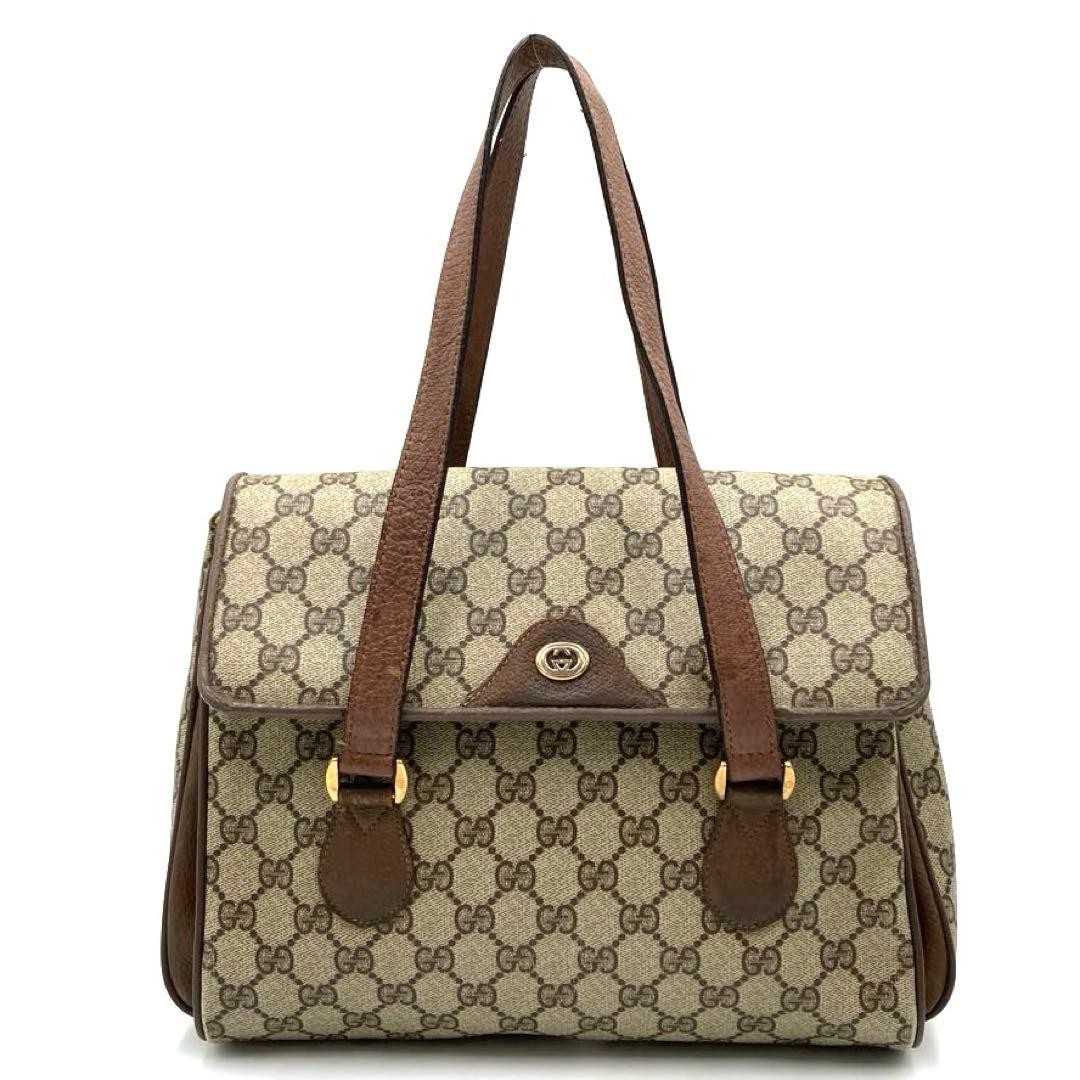 GUCCI GG Supreme Canvas Tote Bag Beige Brown Gold Hardware Vintage Authentic