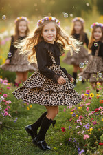 Girls Festive Set - Leopard Skirt & Black Lace Trim Long Sleeve Blouse