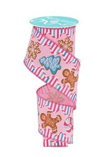Christmas Gingerbread Cookies Wired Edge Ribbon Pink Blue 2.5 Inch x 10 Yards