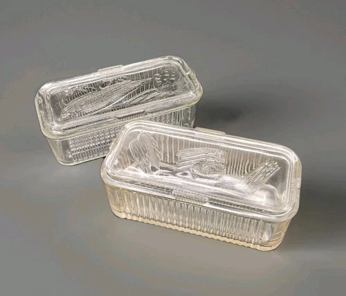 VTG Set Of 2 Federal Glass Ribbed Refrigerator Dishes Vegetable Lids 8½" AS-IS