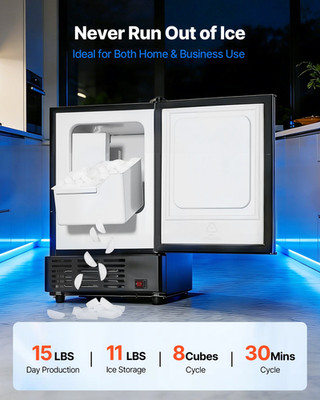 15'' Under Counter Ice Maker, 15lb/Day Built-In, No Drain, Reversible Door