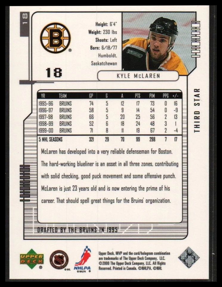 2000-01 Upper Deck MVP #18 Kyle McLaren Third Star - Image 2 of 2