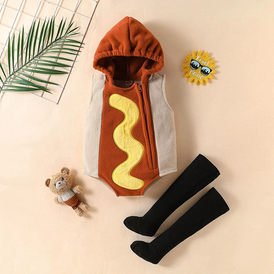 0-18M Infant Baby Hot Dog Costume Hooded Sleeveless Romper With Black Stockings - Image 2 of 4