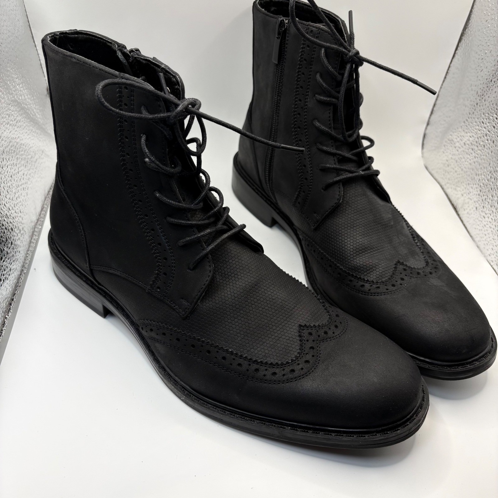 Kenneth Cole Unlisted Buzzer Boot Mens 9.5 Black Wingtip Brogue Side Zip Boots image 2
