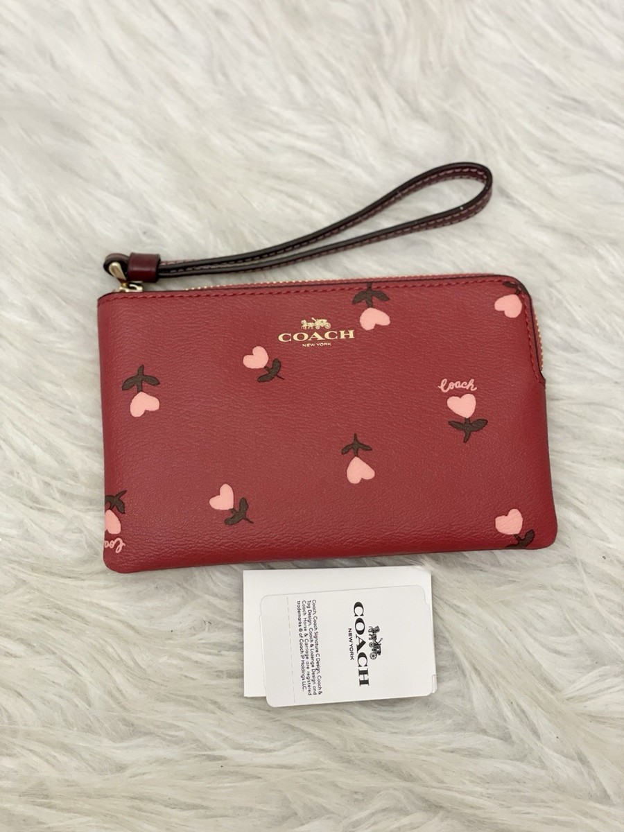 NWT Coach Heart Floral Print Corner Zip Wristlet C3300 Wine Multi