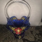 Fenton Basket Cobalt Hand Painted  floral Hayhurst