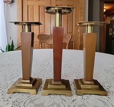3 MCM Vintage Brass Faux Wood Pillar Candleholders 8.75"T  10.75"T Read