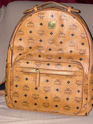 Authentic MCM Stark Visetos Cognac Medium Backpack Gold Hardware Brown
