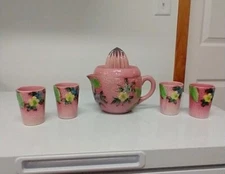 VINTAGE JAPANESE HAND PAINTED JUICER SET&CUPS HOTTA YU SHOTEN/MARUHON WARE 1950s