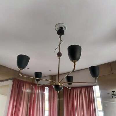 5 Light Mid-Century black Modern Brass and Wood Sphere Ceiling Light Fixture