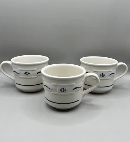 Set of 3 Longaberger Pottery Blue Woven Traditions 8 oz Tea Coffee Cups Mugs USA
