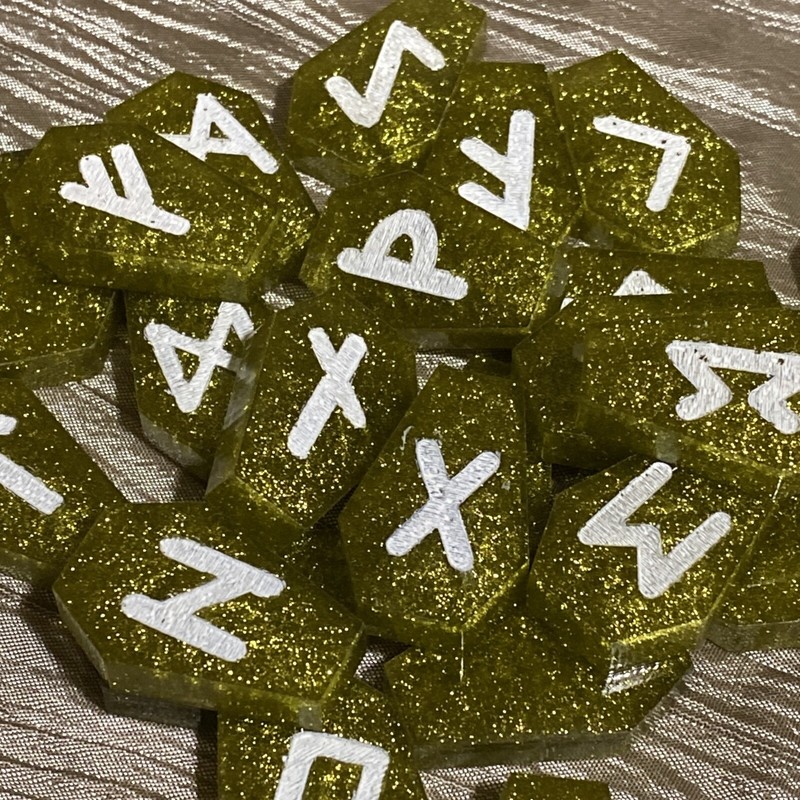 Coffin Shaped Yellow Green Shimmer Resin Rune Stones, Elder Futhark