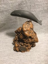 Lovely Sculpture By John Perry: Black Humpback Whale On Burl Wood Base