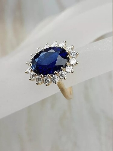 6 Ct Oval Natural Sapphire & Diamond Princess Diana Ring 14K Solid Yellow Gold 7 - Picture 5 of 8
