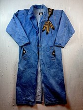 Sunbelt Long Denim Jean Jacket Duster Oversized S/m Feather Embroidered Vintage