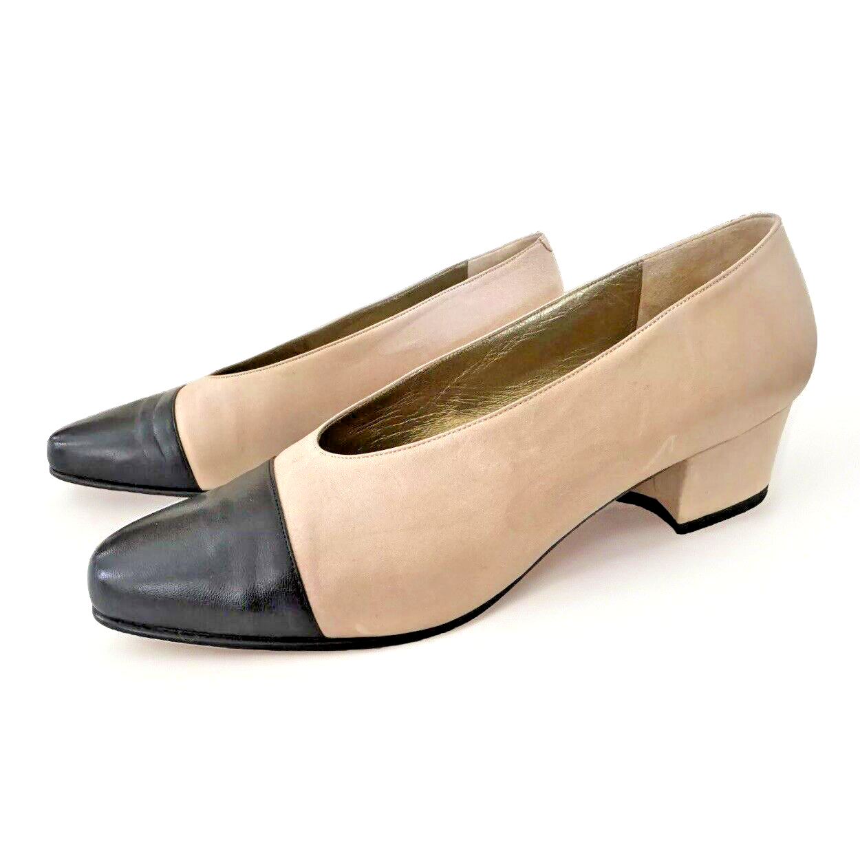 SAINT LAURENT Scarpe decolte YSL VINTAGE rosa polvere e nero punta a cappuccio tacco a blocco taglia 8 1 2 M due toni