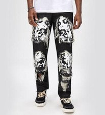 New Men's Black Denim Jeans Face Printed Straight Leg Casual Pants Punk Trousers