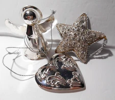 Silver Embossed HEART Sparkle Beaded STAR & ANGEL Christmas Ornaments Lot of 3