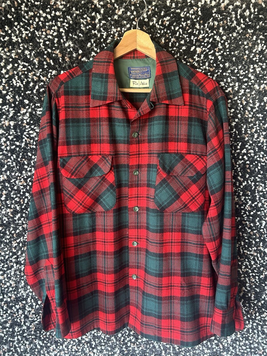 Vintage 50s 60s Pendleton Button Board Shirt Plaid Wool Loop